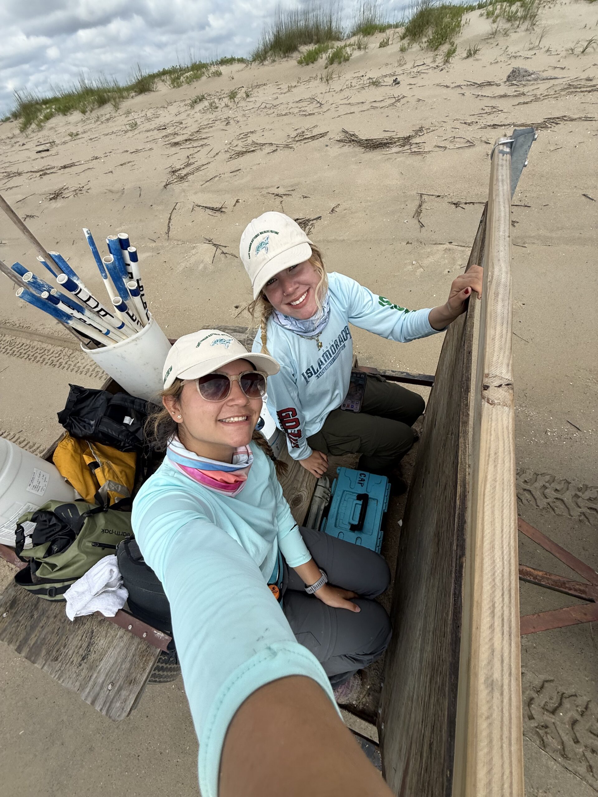 Coastal Expeditions Interns Juanita and Kai on the ATV Coastal Expeditions Foundation, Sea Turtle Patrol, Cape Romain National Wildlife Refuge