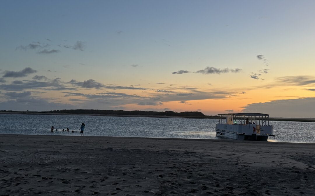 Bulls Island Ferry doing a Beach Drop at sunset with people swimming nearby